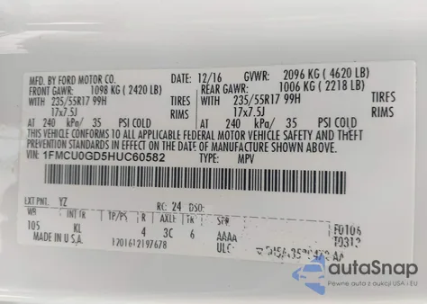 2017 Ford Escape Se from USA, damaged, VIN 1FMCU0GD5HUC60582